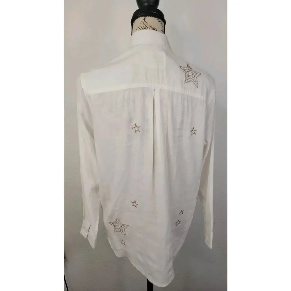 Rails Shirt Womens XS White Charli Metallic Stars Linen coastal summer Celestial